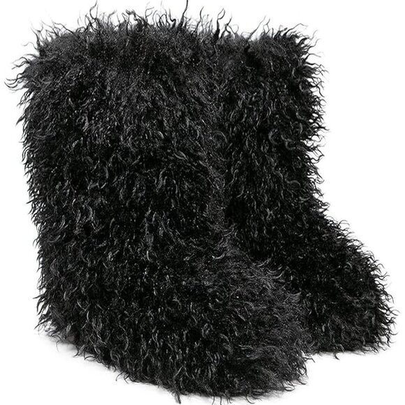 ✨ Women Black Faux Fur Boots Mongolian Furry Boots for Winter Fluffy Fuzzy Boots - Picture 1 of 7